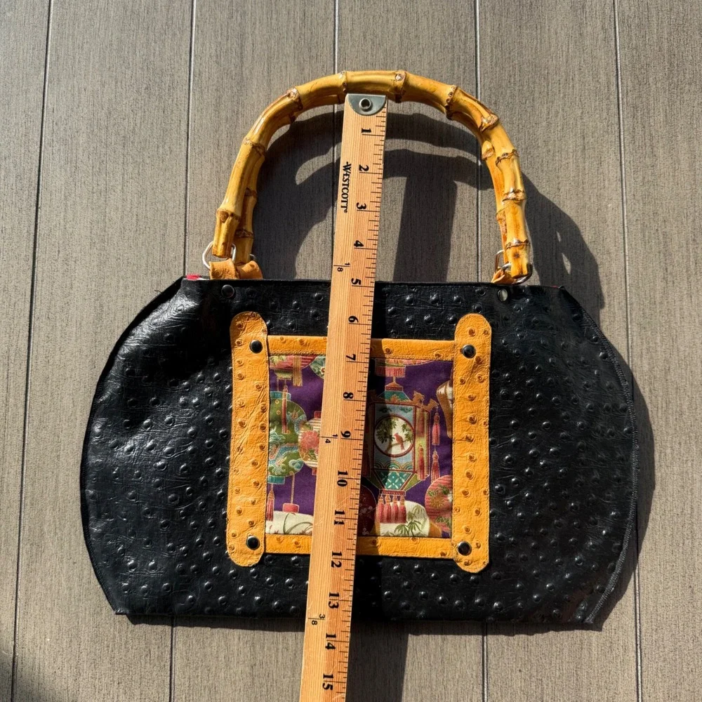 Dukes Designs Black Ostrich Embossed Bamboo Handle Handbag Asian Lantern Print